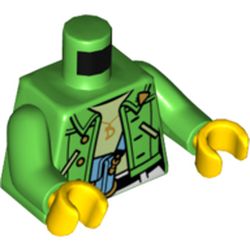 LEGO part 973c06h01pr5884 Torso Jacket, Light Blue Bag, Yellowish Green Undershirt Print, Bright Green Arms, Yellow Hands in Bright Green