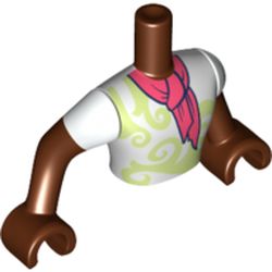 LEGO part 92815c06pr0118 Minidoll Torso Man with White Shirt, Yellowish green Decorations. Coral Scarf, Reddish Brown Arms and Hands [PLAIN] in Reddish Brown