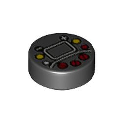 LEGO part 98138pr0281 Tile Round 1 x 1 with Screen, Red/Yellow/Black Buttons/Racing Steer Controls print in Black