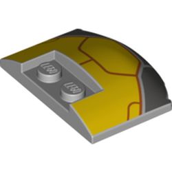LEGO part 93604pr0009 Slope Curved 3 x 4 x 2/3 Triple Curved with 2 Sunk Studs with Yellow.Dark Bluish Grey Armour, Dark Red Lines print in Medium Stone Grey/ Light Bluish Gray
