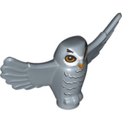 LEGO part 67632pr0002 Animal, Bird, Owl Small with Open Wings, Angular Features with Orange Eyes and Beak and Dark Bluish Gray and White Rippled Chest Feathers Print in Sand Blue