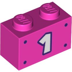 LEGO part 3004pr0080 Brick 1 x 2 with White '1', Dark Purple Border, Dots print in Bright Purple/ Dark Pink