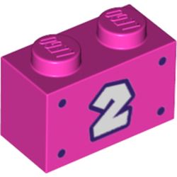 LEGO part 3004pr0081 Brick 1 x 2 with White '2', Dark Purple Border, Dots print in Bright Purple/ Dark Pink