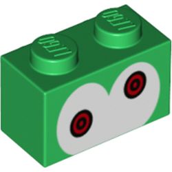 LEGO part 3004pr0009 Brick 1 x 2 with White Eyes, Red Pupils print in Dark Green/ Green