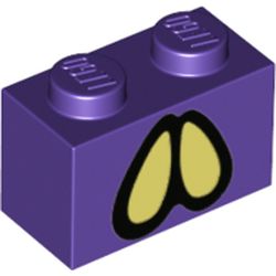 LEGO part 3004pr0088 Brick 1 x 2 with Yellowish Green/Black Eyes in Medium Lilac/ Dark Purple
