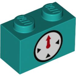 LEGO part 3004pr0091 Brick 1 x 2 with Clock Timer on Two Sides Print in Bright Bluish Green/ Dark Turquoise