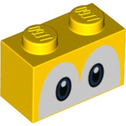 LEGO part 3004pr0082 Brick 1 x 2 with White Eyes, Medium Blue Pupils print in Bright Yellow/ Yellow