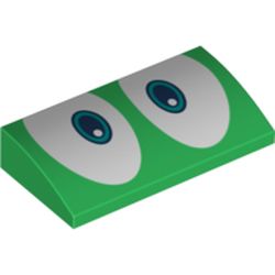 LEGO part 88930pr0010 Slope Brick Curved 2 x 4 x 2/3 No Studs, with Bottom Tubes and Blue Eyes Print in Dark Green/ Green