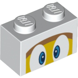 LEGO part 3004pr0092 Brick 1 x 2 with Blue Eyes, Yellow Face, Medium Nougat Forehead Print in White