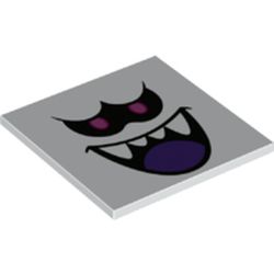 LEGO part 10202pr0015 Tile 6 x 6 with Bottom Tubes with Black/Lavender Eyes, Black Mouth, Dark Purple Tongue, White Fangs print in White