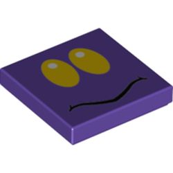 LEGO part 3068bpr0587 Tile 2 x 2 with Yellow Eyes, Black Squiggly Mouth print in Medium Lilac/ Dark Purple