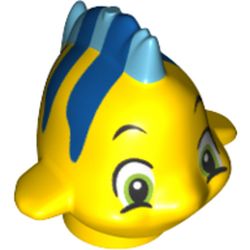 LEGO part 15679pr0002 Animal, Fish with Large Eyes, Medium Blue Dorsal and Tail Fin and Blue Stripes on Top Print (Flounder / Fabius) in Bright Yellow/ Yellow