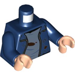 LEGO part 973c05h02pr5905 Torso Jacket, Open over Dirty and Tattered Undershirt Print, Dark Blue Arms, Light Nougat Hands in Earth Blue/ Dark Blue