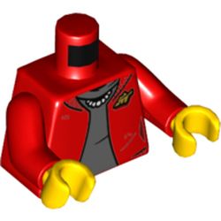 LEGO part 973c22h01pr5914 Torso, Jacket, Dark Bluish Grey Shirt, Pearl Necklace, Gold Jewelry Print, Red Arms, Yellow Hands in Bright Red/ Red