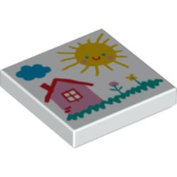 LEGO part 3068bpr0608 Tile 2 x 2 with Groove with Child's Drawing of a House, Sun, Cloud, and Flowers Print in White