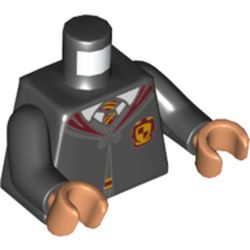 LEGO part 973c03h13pr5924 Torso Robes with Dark Red Collar and Gryffindor Crest, Closed over Shirt and Tie Print, Black Arms, Nougat Hands in Black