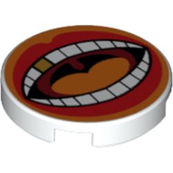 LEGO part 14769pr1235 Tile Roune 2 x 2 with Open Mouth, Orange Tongue, Gold Tooth print in White