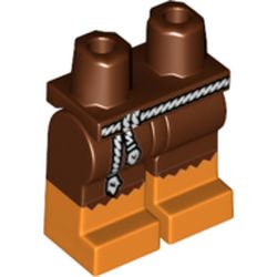 LEGO part 21019c00pat030pr0001 Legs and Hips with Orange Boots Pattern, Reddish Brown Torn Pants, White Rope as Belt in Reddish Brown