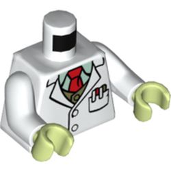 LEGO part 973c27h40pr0001 Torso Lab-Coat, Red Tie, Pens in Pocket print, White Arms, Yellowish Green Hands in White