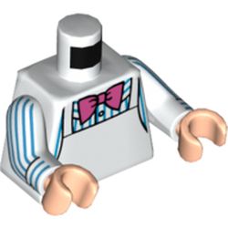 LEGO part 973c27h02pr0001 Torso, Apron, Bright Pink Bowtie, Dark Turquoise Striped Shirt print, White Arms, Light Nougat Hands in White