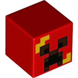 LEGO part 19729pr0048 Minifig Head Special, Cube with Minecraft Creeper, Yellow Stripes Print in Bright Red/ Red