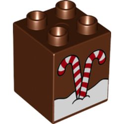 LEGO part 31110pr0160 Duplo Brick 2 x 2 x 2 with Snow and Two Candy Canes Print in Reddish Brown