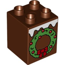 LEGO part 31110pr0161 Duplo Brick 2 x 2 x 2 with Snow and Christmas Wreath Print in Reddish Brown
