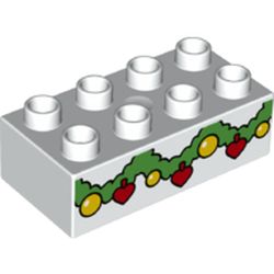 LEGO part 3011pr1050 Duplo Brick 2 x 4 with Green Garland with Gold and Red Ornaments Print in White