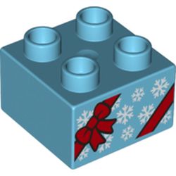 LEGO part 3437pr0169 Duplo Brick 2 x 2 with Red Ribbon and Snowflakes (Present) print in Medium Azure