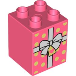 LEGO part 31110pr0158 Duplo Brick 2 x 2 x 2 with Ribbon and Gift Tag Print in Vibrant Coral/ Coral