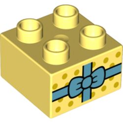 LEGO part 3437pr0170 Duplo Brick 2 x 2 with Medium Blue Ribbon (Present) print in Cool Yellow/ Bright Light Yellow