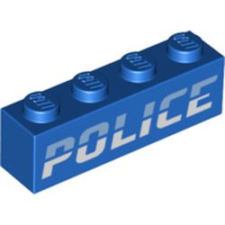 LEGO part 3010pr0084 Brick 1 x 4 with Bright Light Blue and White 'POLICE' Print in Bright Blue/ Blue