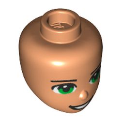 LEGO part 14014pr0319 Minidoll Head with Dark Brown Eyebrows, Green Eyes, Open Mouth Smile print in Nougat