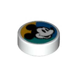 LEGO part 98138pr0340 Tile Round 1 x 1 with Mickey Mouse on Dark Turquoise/Blue/Bright Light Orange Background print in White