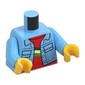 Torso Jacket, Denim with Pockets, Open over Red Undershirt with Blue, Yellow, and Green Stripe Print, Bright Light Blue Arms, Yellow Hands