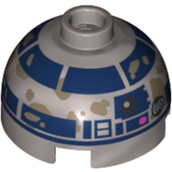 LEGO part 30367cpr1026 Brick Round 2 x 2 Dome Top with R2-D2 with Mudstains Print in Silver Metallic/ Flat Silver