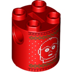 LEGO part 30361cpr9999 Brick Round 2 x 2 x 2 Robot Body with Ugly Christmas Sweater, White C-3PO Knitting Pattern Print in Bright Red/ Red