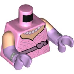 LEGO part 973g02c39h39pr0001 Torso, Dress, Dark Pink Belt with Heart, Pearl Necklace print, Dual Molded Arms with Light Nougat Sleeves Pattern, Lavender Arms and Hands [PLAIN] in Light Purple/ Bright Pink