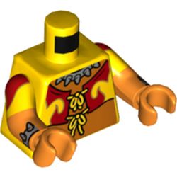 LEGO part 973g01c38h38pr0001 Torso, Jacket, Laces, Bright Light Orange Belly print, Dual Molded Arms with Yellow Sleeves Pattern, Bright Light Orange Arms and Hands [PLAIN] in Bright Yellow/ Yellow
