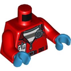 LEGO part 973c22h04pr0001 Torso Jacket over Prison Shirt, Radio and ID Badge print, Red Arms, Dark Azure Hands in Bright Red/ Red