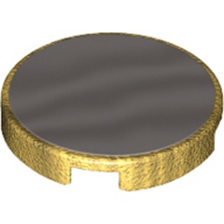 LEGO part 14769pr1725 Tile Round 2 x 2 with Bottom Stud Holder with Silver Mirror Surface Print in Warm Gold/ Pearl Gold