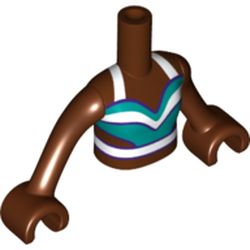 LEGO part 92456c15pr0446 Minidoll Torso Girl with Dark Turquoise/White/Dark Purple Top, White Straps print, Reddish Brown Arms and Hands in White