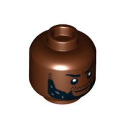 LEGO part 3626cpr3761 Minifig Head M'Baku, Big Black Bears, Stubbled Moustache, Angry Smile print in Reddish Brown