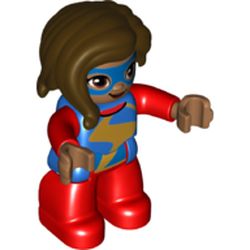 LEGO part 35515pr0160 Duplo Figure with Long Hair Section in Front Dark Brown, Red Legs, Gold Lightning Stripe Print (Ms Marvel) in Bright Blue/ Blue