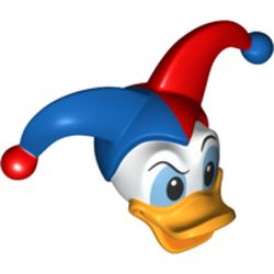 LEGO part 1825pr3701 Minifig Head Special, Duck with Red and Blue Jester Hat Print (Donald) in White