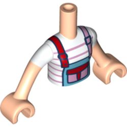 LEGO part 92456c01pr0448 Minidoll Torso White Shirt, Pink Stripes, Medium Azure Overall, Red/Pink Pocket and Straps, Light Nougat Arms and Hands in White