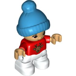 LEGO part 28262pr0060 Duplo Figure Child with Knitted Bobble Cap Dark Azure, White Legs, Sweater with Reindeer Head Print in Bright Red/ Red
