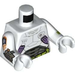 LEGO part 973c27h27pr0002 Torso Spacesuit, Dark Bluish Gray Panels, Lime Utility Belt Print, (Buzz Lightyear) White Arms and Hands with Lime Stripe on Left and Dark Bluish Gray Device on Right Print in White