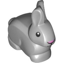 LEGO part 29685pr0001 Animal, Rabbit / Bunny with Black Eyes and Mouth - Pink Nose Print in Medium Stone Grey/ Light Bluish Gray