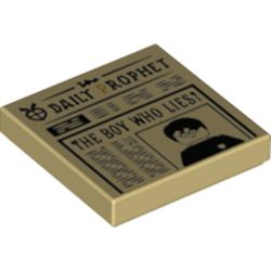 LEGO part 3068bpr0644 Tile 2 x 2 with Newspaper, 'Daily Prophet', 'The boy who lies' print in Brick Yellow/ Tan